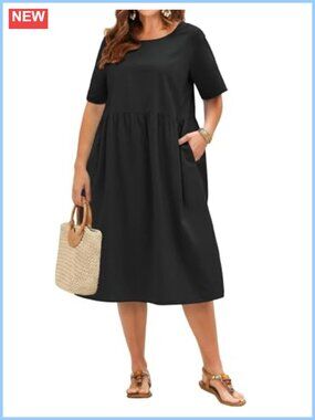 Plus Size Cotton Linen Midi Dress Short Sleeve Round Neck Pockets